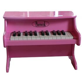 Lote 2 - SCHOENHUT, PIANO INFANTIL COM BANCO - Piano de brincar em madeira  com decoração lisa a castanho. Banco em madeira com assento em forma de  maça, cor-de-rosa. Dim: 50x43x26 cm (
